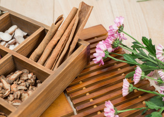 Chinese Herbal Medicine in box on table.