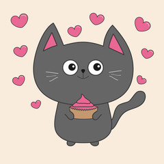 Gray contour cat holding pink cupcacke. Flying heart set. Cute cartoon character. Kawaii animal Pet collection. Flat design.