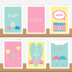 'All you need is love' quote text. Elephant family couple, photocamera, flower, heart, umbrella, cloud, dash line drops, pink ribbon. Love greeting card set on shelf. Flat design.