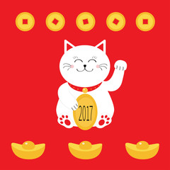Lucky white cat sitting and holding golden coin 2017 text. Chinese gold Ingot Money Japanese Maneki Neco kitten waving hand paw. Cute cartoon character Greeting card Flat Red background.