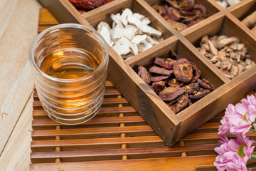 Chinese Herbal Medicine in box on table.