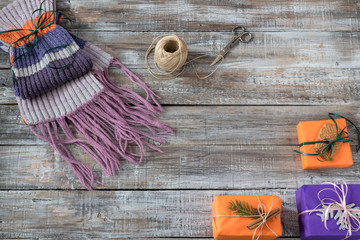 Wooden rustic background with  christmas toys and decorations