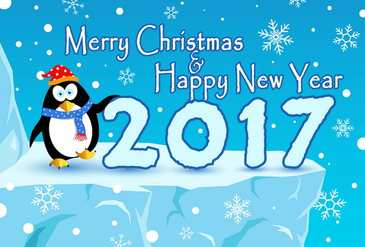 merry christmas and happy new year , with penguin and snow