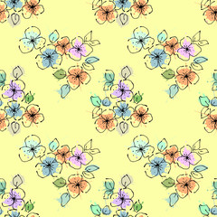 Seamless vector hand drawn seamless floral  pattern. Yellow Background with flowers. Decorative graphic vector drawn illustration.