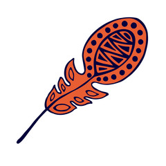 Vector hand drawn illustration, decorative ornamental stylized feather.  Red graphic illustration isolated on the white background. Inc drawing silhouette.