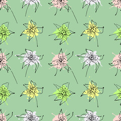 Seamless vector hand drawn seamless floral  pattern. Yellow Background with flowers. Decorative graphic vector drawn illustration.