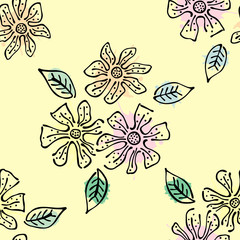 Seamless vector hand drawn seamless floral  pattern. Yellow Background with flowers, leaves. Decorative graphic vector drawn illustration. Line drawing