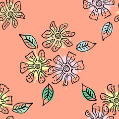 Seamless vector hand drawn seamless floral  pattern. Red Background with flowers, leaves. Decorative graphic vector drawn illustration. Line drawing
