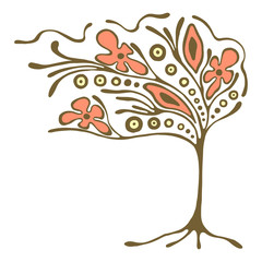 Vector hand drawn illustration, decorative ornamental stylized tree. Abstract graphic illustration isolated on the white background. Artistic drawing silhouette. Decorative  ornamental wood