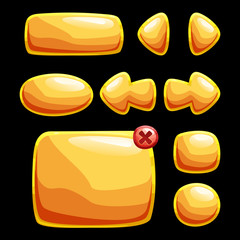 Set of yellow, orange glossy buttons, panel and arrows for GUI design.
