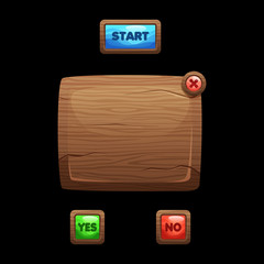 Cartoon wooden game user interface, vector assets for mobile gui design.
