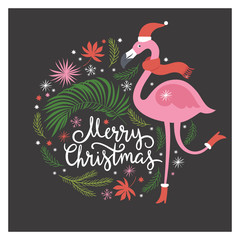 Christmas illustration, pink flamingo © LenLis