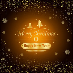 Merry Christmas and Happy New Year with gold snowflakes. Holiday background. Decorative design for card, banner, greeting, vintage decoration. Symbol of celebration, holiday. Vector illustration