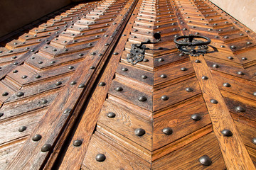 Old wooden door from view below