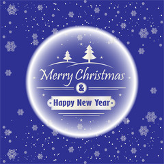 Merry Christmas and Happy New Year with white snowflakes. Holiday blue background. Decorative design for card, banner, greeting, vintage decoration. Symbol of celebration, holiday. Vector illustration