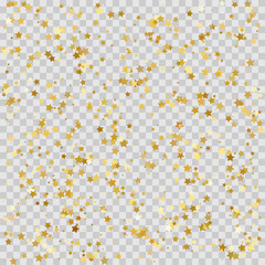 Gold star isolated on transparent background. Confetti celebration, Falling golden abstract decoration for party, birthday celebrate, anniversary or event, festive. Festival decor. Vector illustration