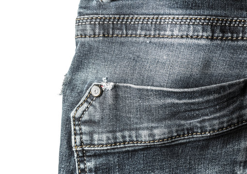 Back pocket stitching black jeans vintage style close-up isolated on white background