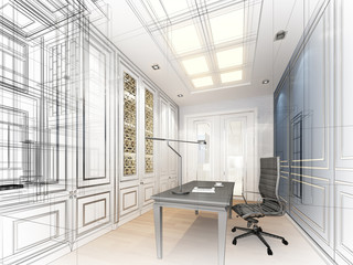 sketch design of working room ,3dwire frame render