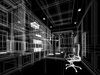 sketch design of working room ,3dwire frame render