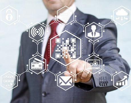 Businessman touched qr code icon. Business concept internet shopping. Mobile identification sign. Line and dot code shop icon, scanning qrcode. Network, online, finance, buy, payment, smart, iot. - Powered by Adobe