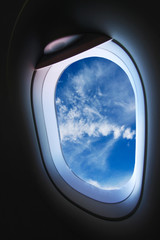 Plane window and view from plane to someplace, plane window with view of people in journey to someplace, plane view and plane window background from the sky, travel business with plane of travel trip.