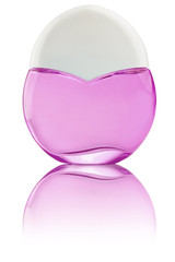 Woman perfume purple bottle with white lid, reflected