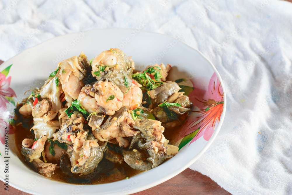 Poster Stir-fried frog and basil on wooden