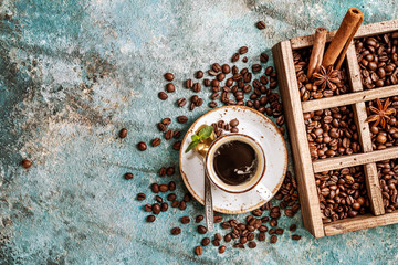 coffee beans in old wooden box