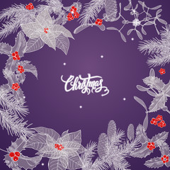 Christmasbackground. Christmas card.Fir cones, poinsettia, holly, honey gingerbread, mistletoe.It is drawn by hand, for the design of brochures, banners, flyers