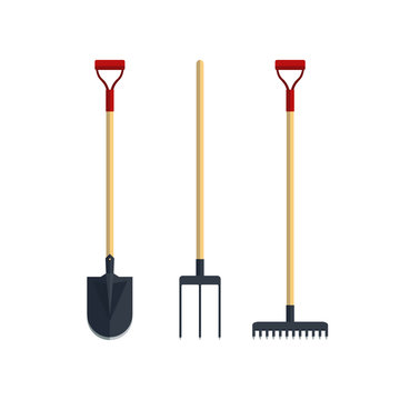 Set pitchfork shovel spade rake flat tool icon logo vector illustration. Farming equipment. Garden instruments isolated on white background.