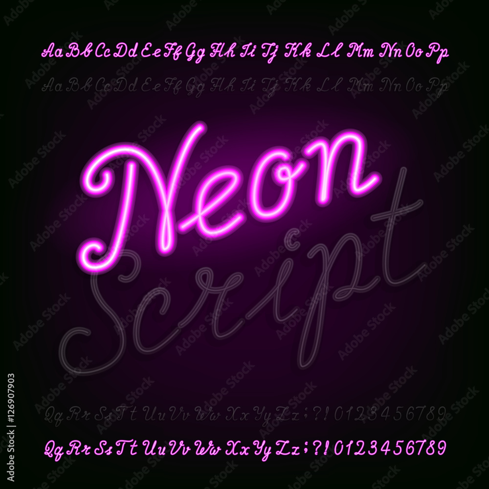Fototapete neon script hand drawn alphabet font. light turn on and off. purple neon type letters and numbers on