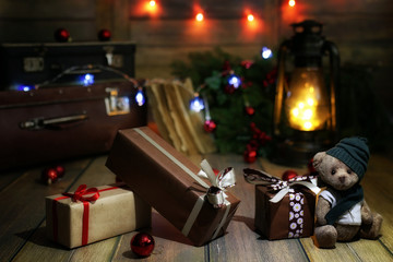 New Year composition of branches of Christmas trees decorated wi