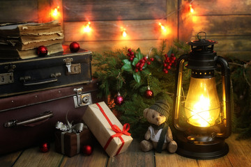 New Year composition of branches of Christmas trees decorated wi