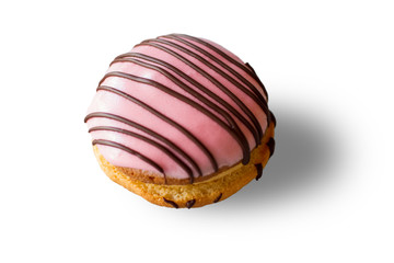 Biscuit with pink icing. Cookie on blank background. Glazed bush cake with filling. Freshly made dessert.