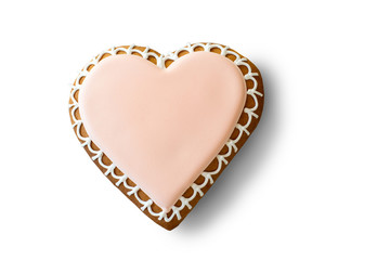 Heart shaped biscuit with icing. Decorated cookie on white background. Sweet taste of love. Find your happiness.