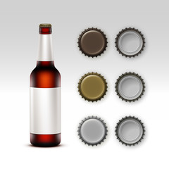 Vector  Closed Blank Glass Transparent Brown Bottle of  Dark Red Beer with  White label and Set of Caps of Different Color Side Top Back View for Branding Close up Isolated on White Background