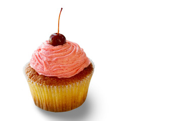 Cupcake with pink cream. Cherry on small cake. Best confectionery from the store. Nice design and flavor.