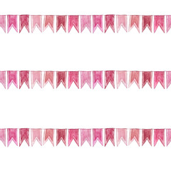 Watercolor seamless cute pattern with pink flags. Party repeating background isolated on white.