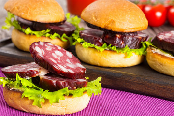 delicious Smoked sausage sandwich on  table mat