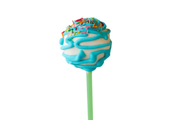 Glazed candy with sprinkles. Small dessert on stick. Cake pop with special filling. Brand new flavor.