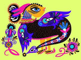 ethnic fantastic animal doodle design in karakoko style