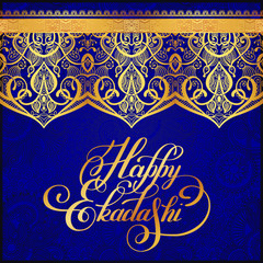 happy ekadashi lettering inscription on luxury gold floral patte