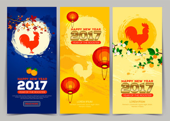 Three vertical banner Chinese New Year 2017. Celebration New year background. Chinese Spring Festival. Vector illustration  