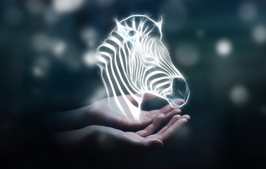 Person holding fractal endangered zebra illustration 3D renderin