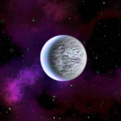 Night sky with the moon, stars and nebula. Black, purple and pink dark background with silver celestial body