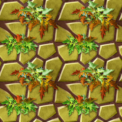Natural seamless pattern of gold stones and green and red thistles. Pattern with plants and stones on a background of clay