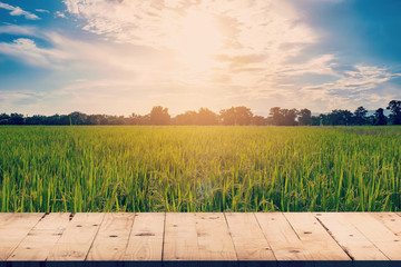 Rice field and wood table background with space display for prod