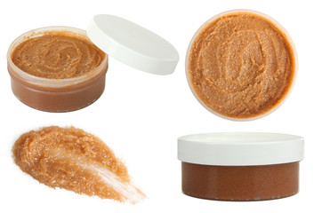 Body scrub. Jar of honey sugar peeling. 