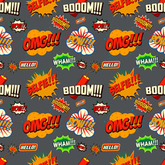 Stoffe zum Nähen Nahtlose Muster von Comic-Stil Phrasen auf farbigen Hintergrund. Hoppla! Beeindruckend! Selfie! Hallo! Whop! Zensiert! Design-Element im Vektor.