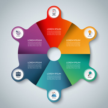 Vector infographic elements. Circle business template with 6 options, parts, steps or segments. Can be used for diagram, graph, presentation, chart, report, data visualization, web design
